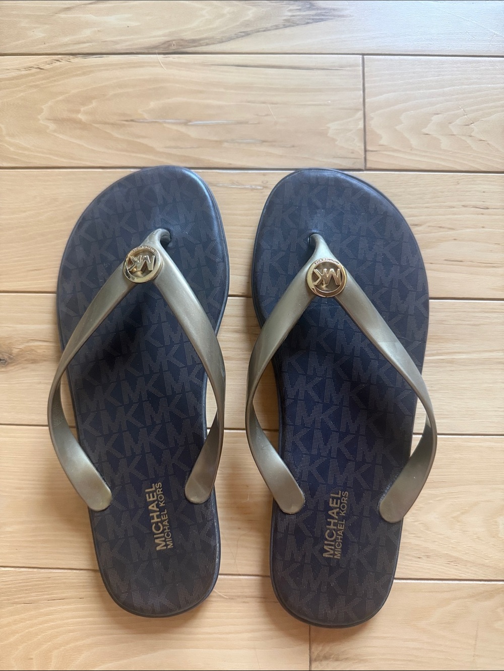Michael Kors Gold Strap Brown MK Print Flip Flops